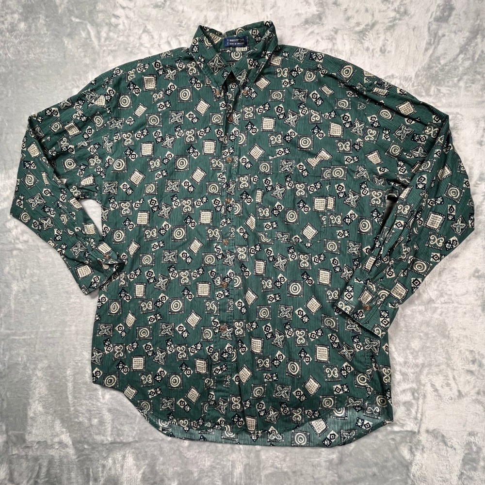 Vintage Chaps Ralph Lauren Button Down Shirt Mens Green Geometric Tile Print L